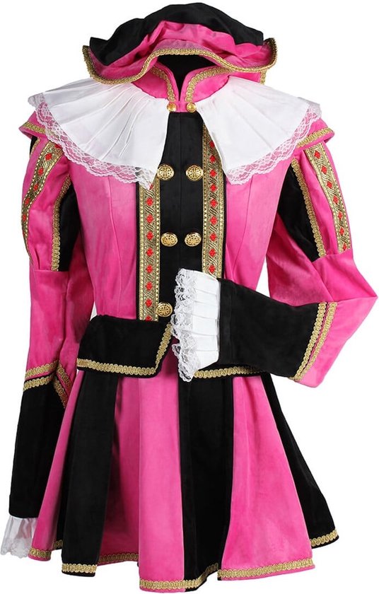 Roze en zwart verkleedkostuum met gouden versieringen, ruches, en een witte kraag.