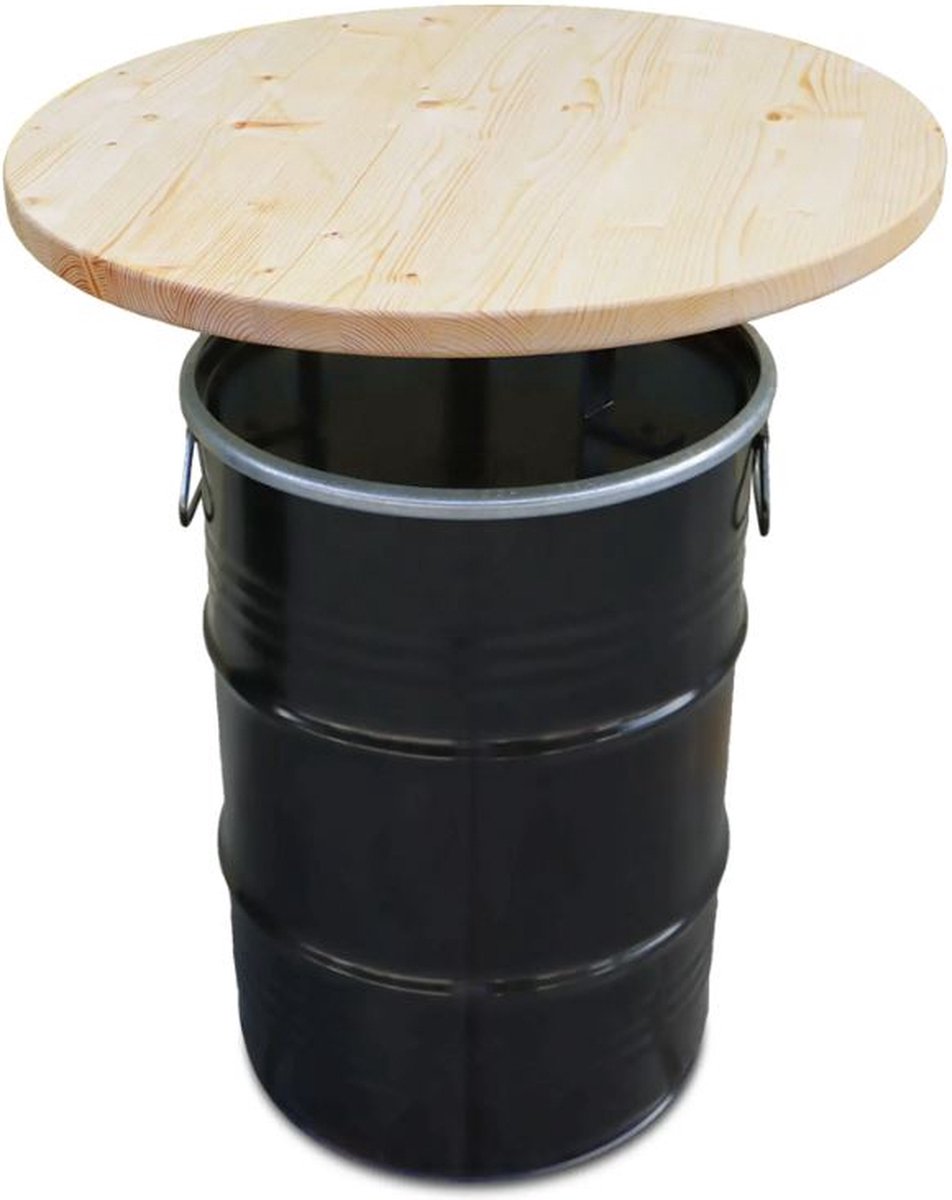 Barrelkings - Industriële Kindertafel/Bijzettafel - Zwart Metaal Olievat - Ø40x72 cm - 60L - Houten Tafelblad