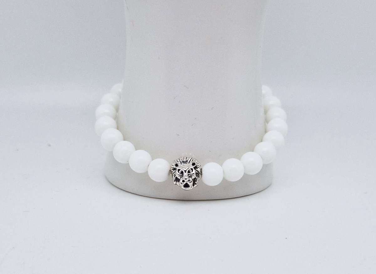 Handgemaakte natuursteen armband met Metalen vorm - Model 16 - "Witte agaat" -8 mm diameter van de korrel- Diameter armband 20 cm - Een mooi cadeau voor familie en vrienden
