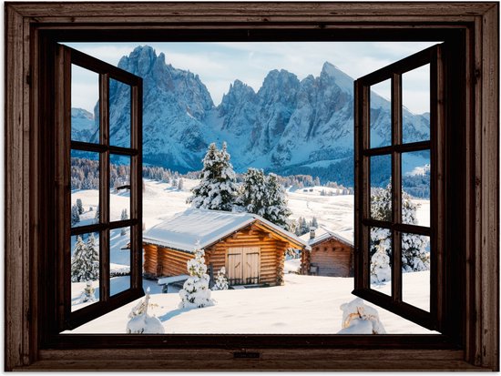 Poster 80x60 cm - Doorkijk - Winter - Landschap - Huisje - Bergen - Posters - Kamer decoratie - Wanddecoratie woonkamer - Muurdecoratie slaapkamer