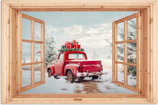 Poster 90x60 cm - Doorkijk - Auto - Kerst - Cadeaus - Winter - Landschap - Posters - Kamer decoratie - Wanddecoratie woonkamer - Muurdecoratie slaapkamer - Kerstversiering - Kerstdecoratie voor binnen - Kerstmis
