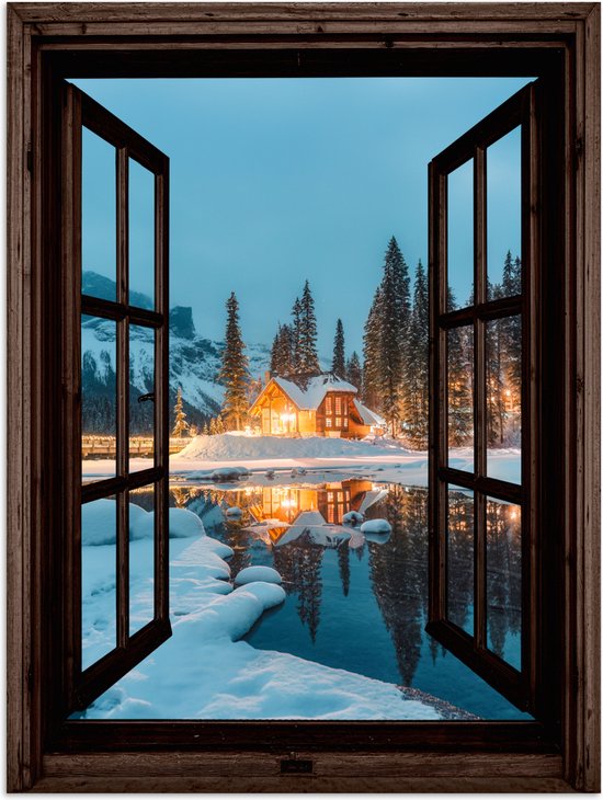 Poster 60x80 cm - Doorkijk - Winter - Landschap - Natuur - Huis - Bergen - Posters - Kamer decoratie - Wanddecoratie woonkamer - Muurdecoratie slaapkamer