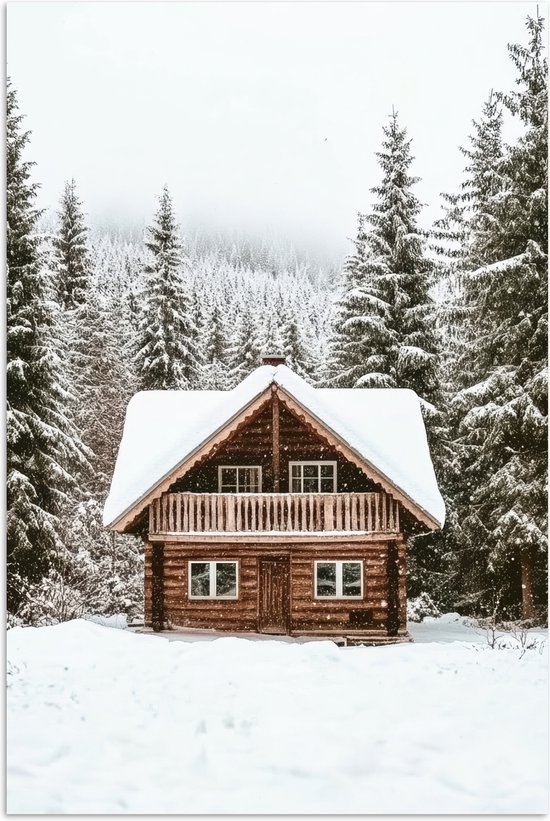 Poster 80x120 cm - Huis - Bos - Winter - Natuur - Sneeuw - Posters - Kamer decoratie - Wanddecoratie woonkamer - Muurdecoratie slaapkamer