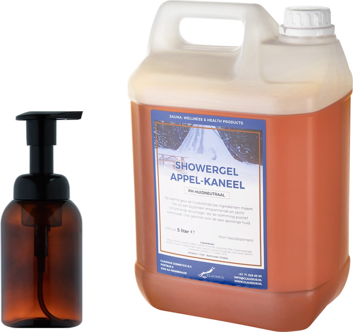 Goedkoopste Zeepdispenser 300 ml amber bruin hervulbaar 5 liter Showergel Appel-Kaneel navulling