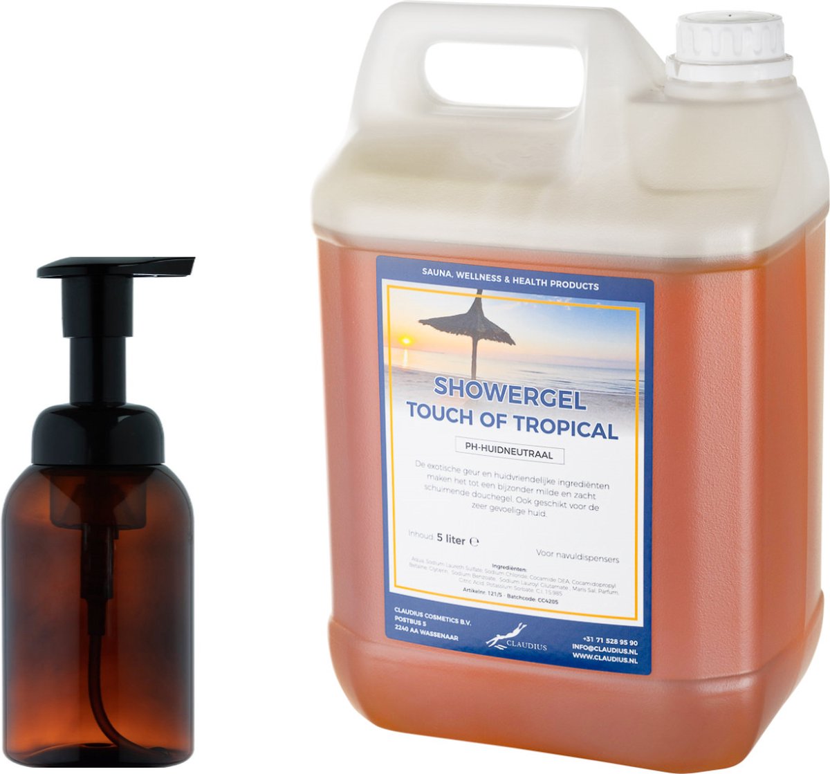 Goedkoopste Zeepdispenser 300 ml amber bruin hervulbaar 5 liter Showergel Touch of Tropical navulling