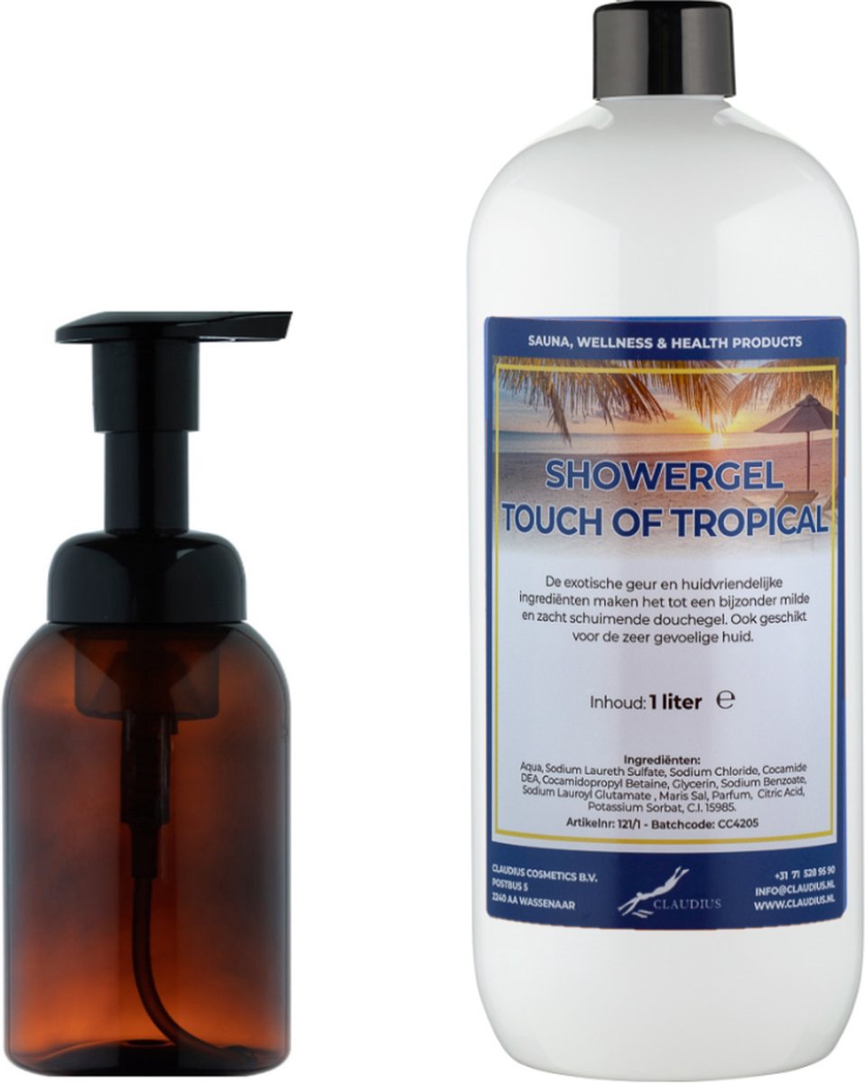 Goedkoopste Zeepdispenser 300 ml amber bruin hervulbaar 1 liter Showergel Touch of Tropical navulling