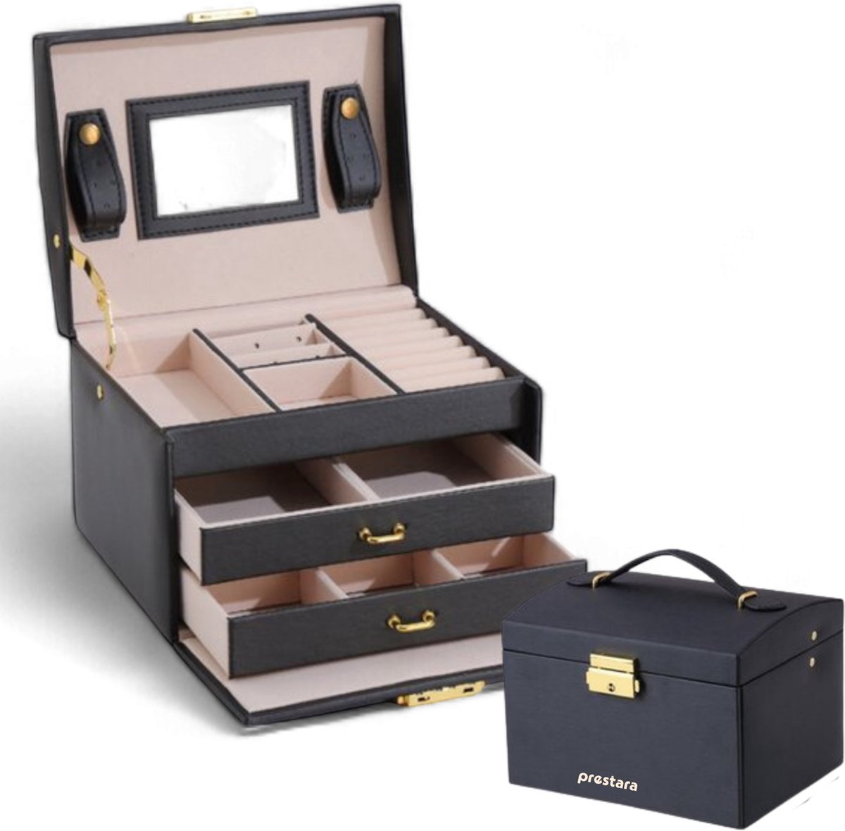 Prestara - Luxe Sieradendoos met 12 Compartimenten en Slot - Beschikbaar in Zwart, Crème, of Roze