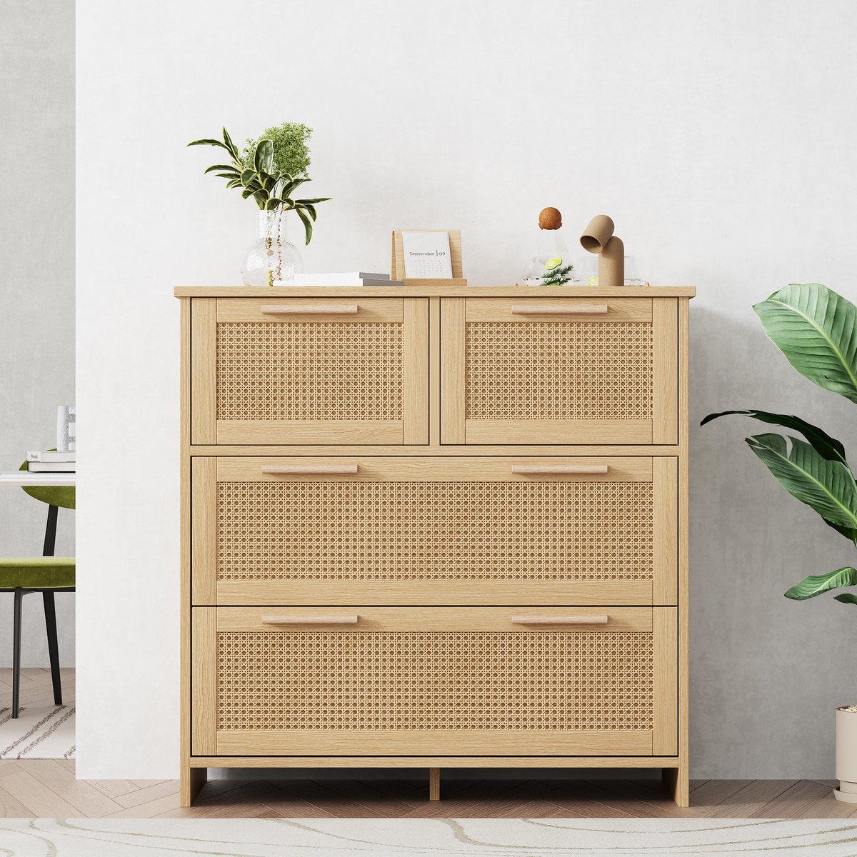 Gutent Ladekast, Houtkleur, Rotan Kast met 4 lades, Massief houten handgrepen, voor slaapkamer, woonkamer, eetkamer en hal, afmetingen: B80/H80/D38 cm