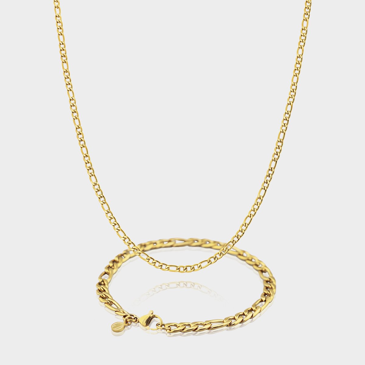 Figaro Ketting 3 mm x Figaro Armband 5 mm - Gouden Schakelketting en Schakelarmband Heren - 60/21 cm lang - Olympus Jewelry