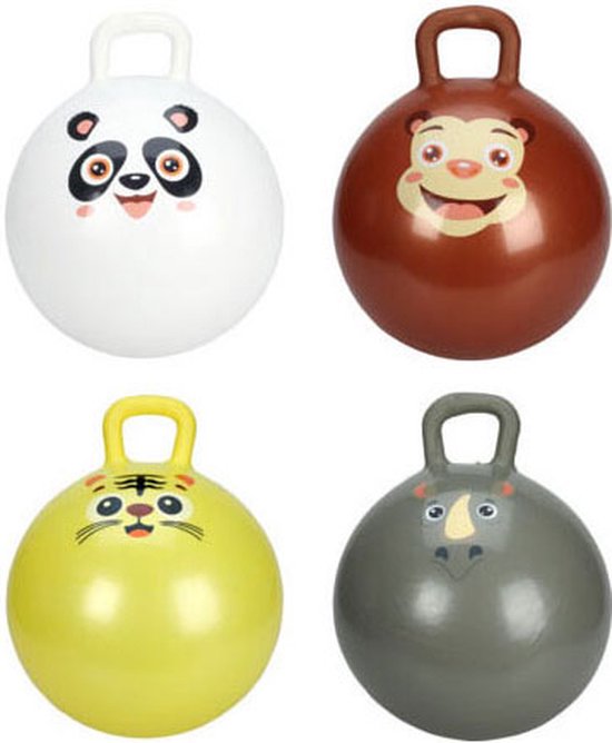 Set van vier skippyballen in de kleuren wit (panda), bruin (aap), geel (tijger) en grijs (neushoorn).