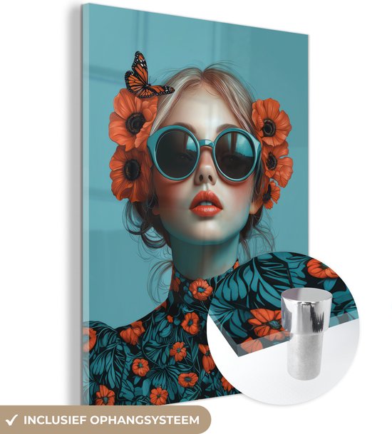 MuchoWow® Glasschilderij 30x40 cm - Schilderij acrylglas - Vrouw - Blauw - Vlinder - Bloemen - Aesthetic - Foto op glas - Muurdecoratie woonkamer - Wanddecoratie slaapkamer - Schilderijen