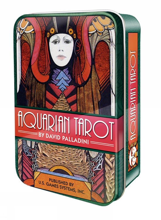 Blikken doos met de "Aquarian Tarot" door David Palladini, met een gestileerd gezicht en art deco-ontwerp.