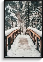 Poster in lijst - Fotolijst 80x120 cm - Posters - Brug - Winterlandschap - Bos - Natuur - Sneeuw - Posterlijst zwart - Decoratie - Wanddecoratie woonkamer - Muurdecoratie slaapkamer