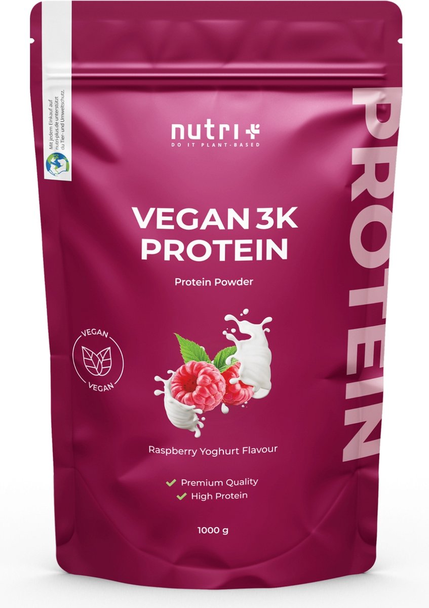 Goedkoopste nutri Vegan 3K Protein - Eiwitpoeder Raspberry Yoghurt - Veganistisch proteïne poeder - met proteïnen uit soja, erwten en zonnebloem - lactosevrij en glutenvrij - 1000 g