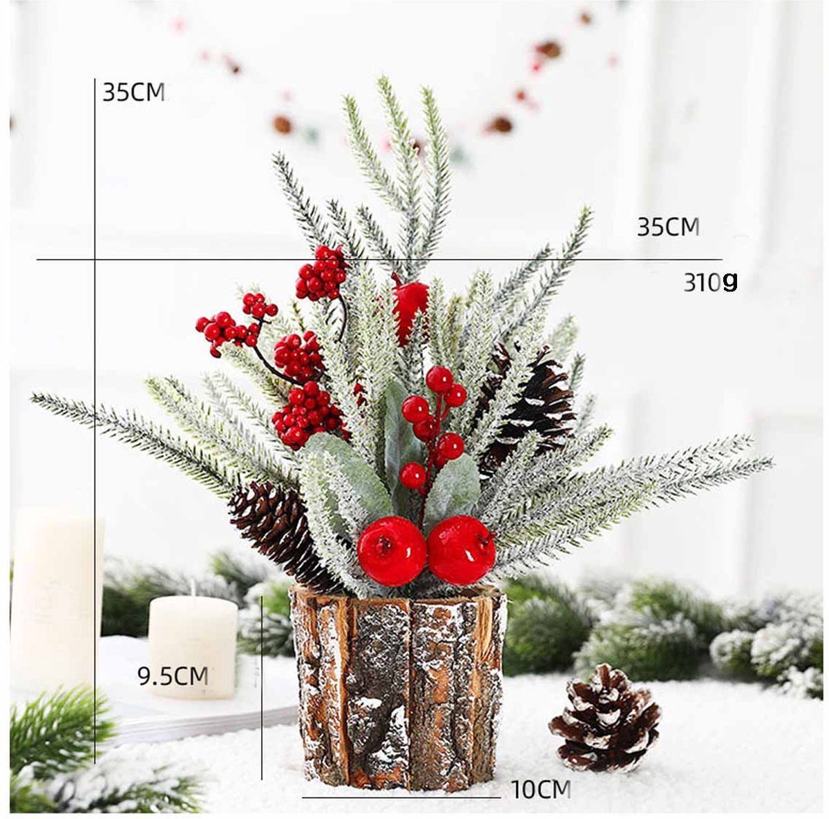 kleine kerstboomtafel-35 cm-Kunstkerstboom- kerstboom mini-dennenboom voor tafel-met kerstdecoratie-bessen-echte dennenappels voor kerstdecoratie