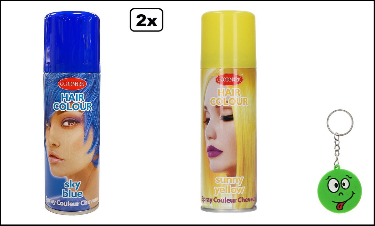 2x Haarverf/haarspray geel en blauw 125 ml - Smiley - Festival thema feest carnaval haar kleurspray party