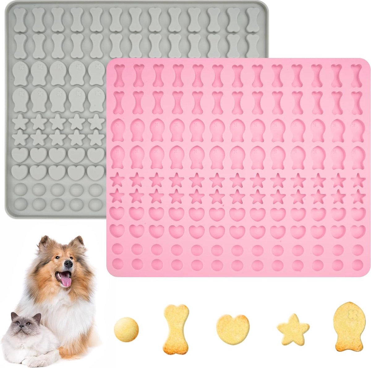 Verpakking met 2 stuks bakmat hondenkoekjes, siliconen bakmat hondenkoekjes, bakmatten voor hondenkoekjes, hondenkoekjes bakvorm 130 roosters, 5 vormen in 1, BPA-vrij, voor doe-het-zelf hondenkoekjes en lekkernijen