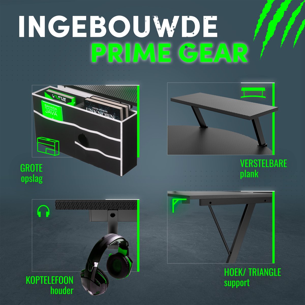 For The Win® For The Win Hoekbureau - L-Vormig Game Bureau - Gaming Bureau - Monitor Standaard - Gaming Desk