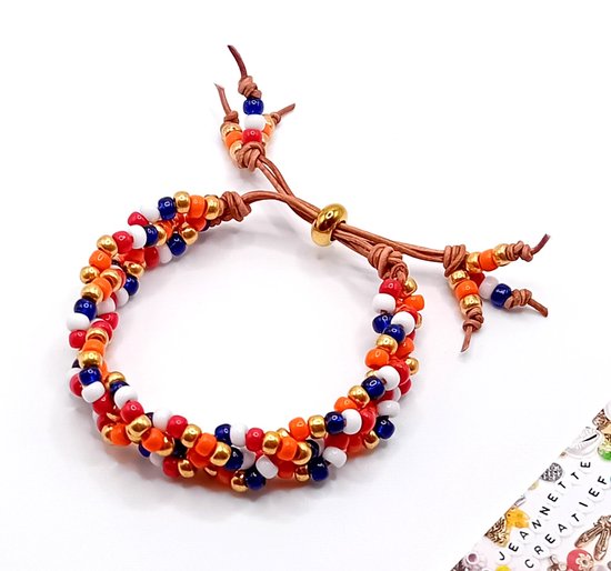 Jeannette-Creatief® - Armband - Beach - Vlechtarmband Leer Rood Wit Blauw Oranje - Holland - Rood Wit Blauw - Oranje - Leren Armband - Kralenarmband - Miyuki Rocailles - Vlechtarmband - Gevlochten Armband - Koningsdag - WK 2026 - Voetbal - Souvenir