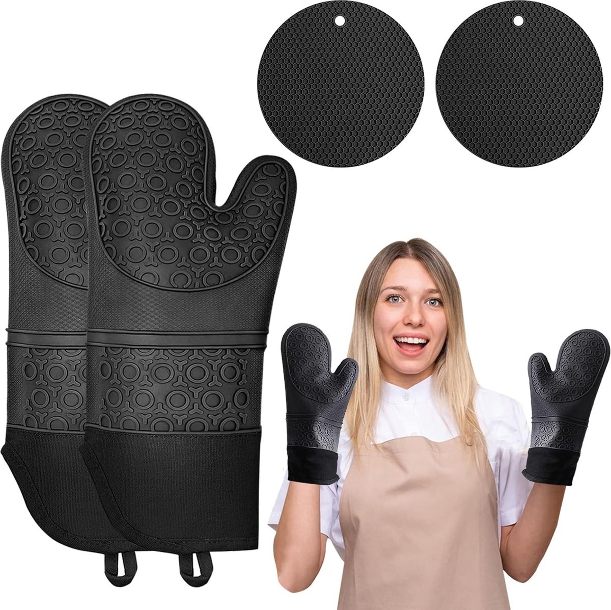 Ovenwant en pannenlappen, set van 260 graden Celsius, hittebestendige ovenhandschoenen, antislip siliconen en katoenen pannenhandschoenen, 1 paar, voor keuken, oven, magnetron, zwart