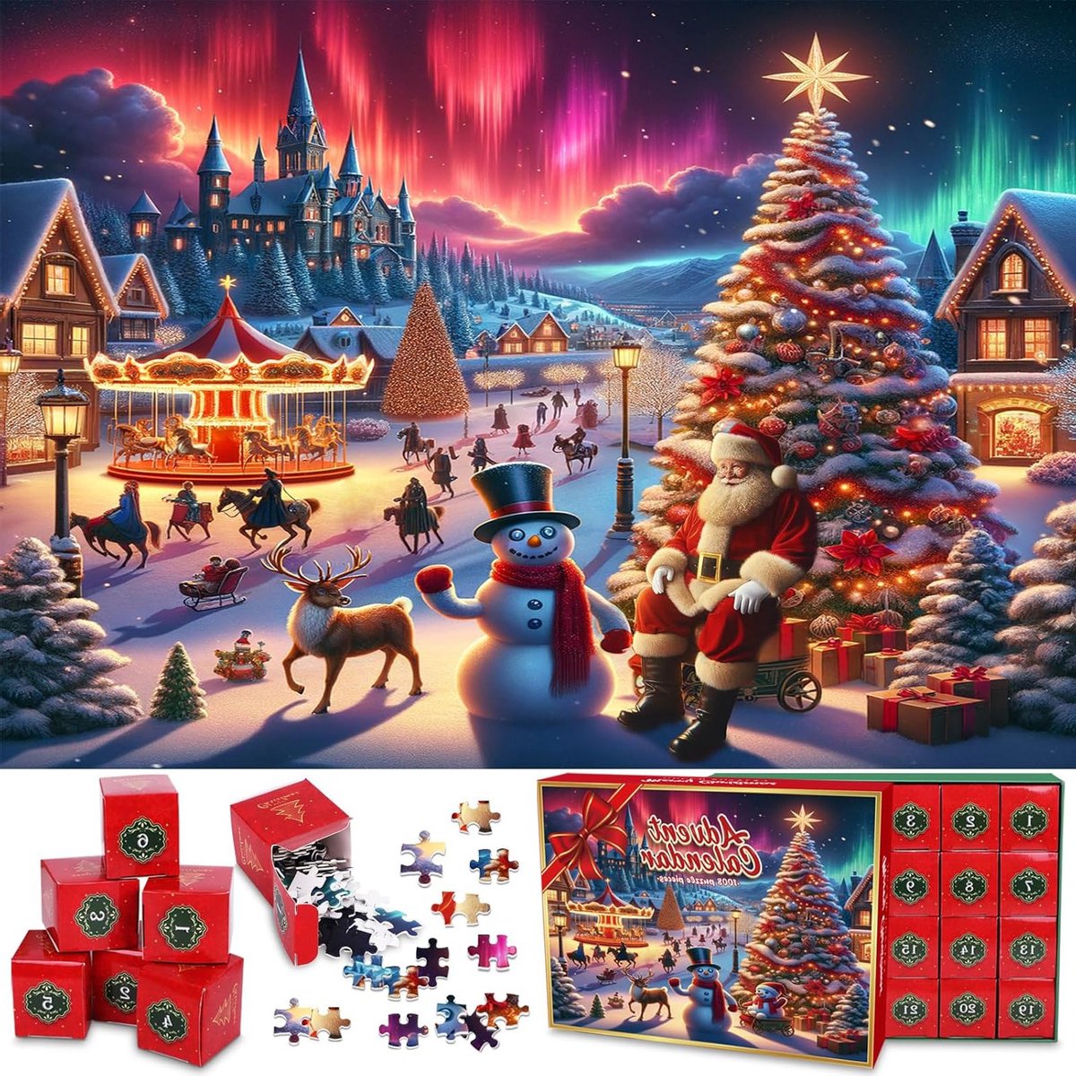 oCreon Adventskalender Puzzel 2024 voor Kinderen - 24 Dozen met 1008 Puzzelstukjes voor Kerst