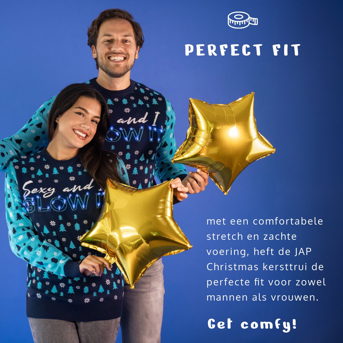 JAP Christmas Kersttrui met lichtjes (maat L) - 100% Gerecycled - Kriebelt niet - Kerstcadeau volwassenen - Foute Kersttrui dames en heren - Sexy and I GLOW IT - Blauw — afbeelding 4