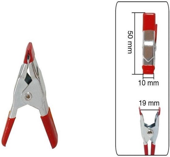 Metalen lijmklem met rode handvatten en afmetingen: 50 mm hoog, 10 mm breed, 19 mm opening.