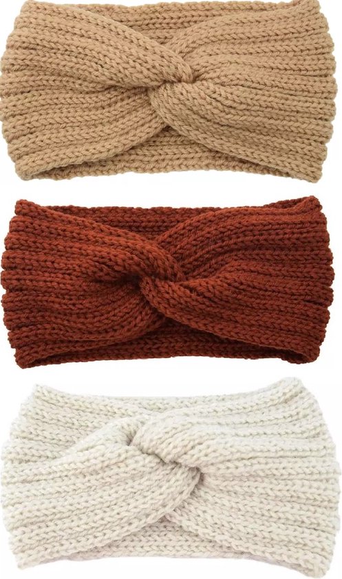 3 Stuks - Gebreide Dames winter haarband - oorwarmers - Camel - Crème- Roestbruin