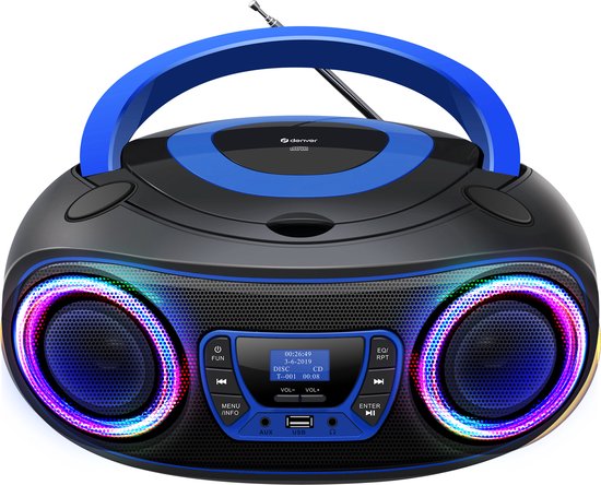 Denver Draagbare DAB Radio CD Speler Kinderen - Bluetooth - Lichteffecten - Boombox - AUX - FM - TDB212BLUE