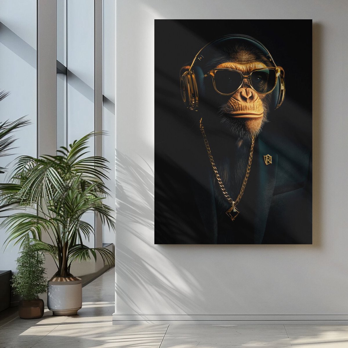 Trendex Global Canvas Schilderij - Dieren - Aap met Koptelefoon - 120x80x2 cm Zwart