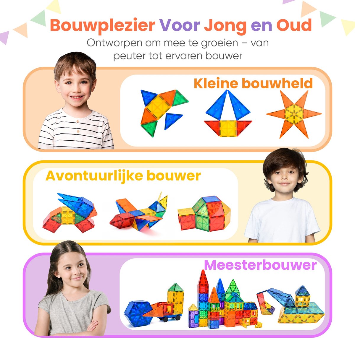 Magna Minds - Magnetic Tiles - Magnetisch Speelgoed - 100 stuks - Constructie speelgoed - Magnetische tegels - Montessori speelgoed - Magnetic toys - Magnetische bouwstenen - Speelgoed Kinderen — afbeelding 2