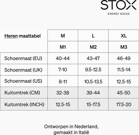 Maattabel voor heren STOX Energy Socks met schoenmaten en kuitomtrek.