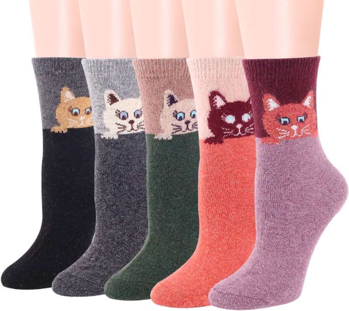 Wol Dames Sokken - 3 paar - giftbox - Huissokken - Wandelsokken - grijs - groen - paars - random - mix - leuke print kat - 36 - 40 - warm - cadeau voor haar - gift