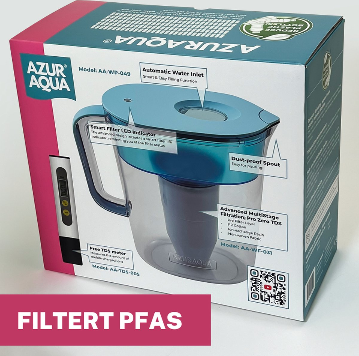 Verwijder PFAS, Kwik, Lood en Chloor - Waterkan met Filter - PRO Multistage Waterfilter 2.4 Liter - Verlaag TDS naar 0 - 2,4 L met Multistage Pro Filter