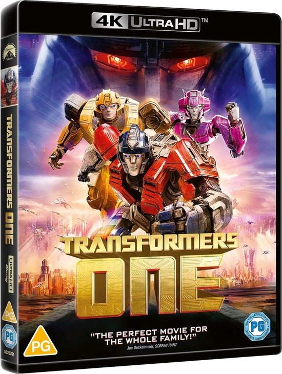 Transformers One 4K Ultra HD Blu-ray hoes met vier Autobots, waaronder Bumblebee, in de voorgrond. De titel 'Transformers One' is prominent aanwezig.