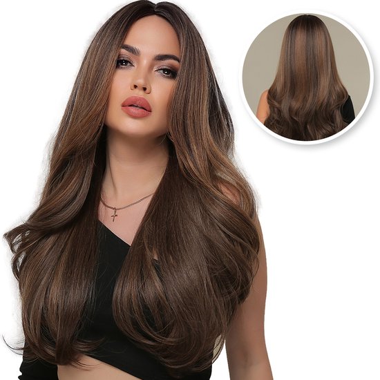 Bruine Pruik - Pruiken Dames - Wig - Verstelbaar - Lang Haar met lagen - Bruin - 65 cm