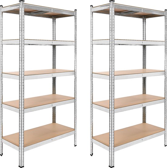 Set van twee zilverkleurige metalen stellingkasten met 5 houten planken, op witte achtergrond.