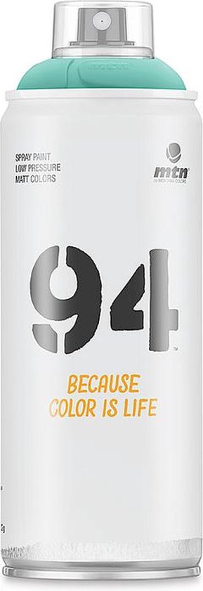 Bombed'art MTN 94 avec texte '94 BECAUSE COLOR IS LIFE' sur pot blanc avec capuchon turquoise.