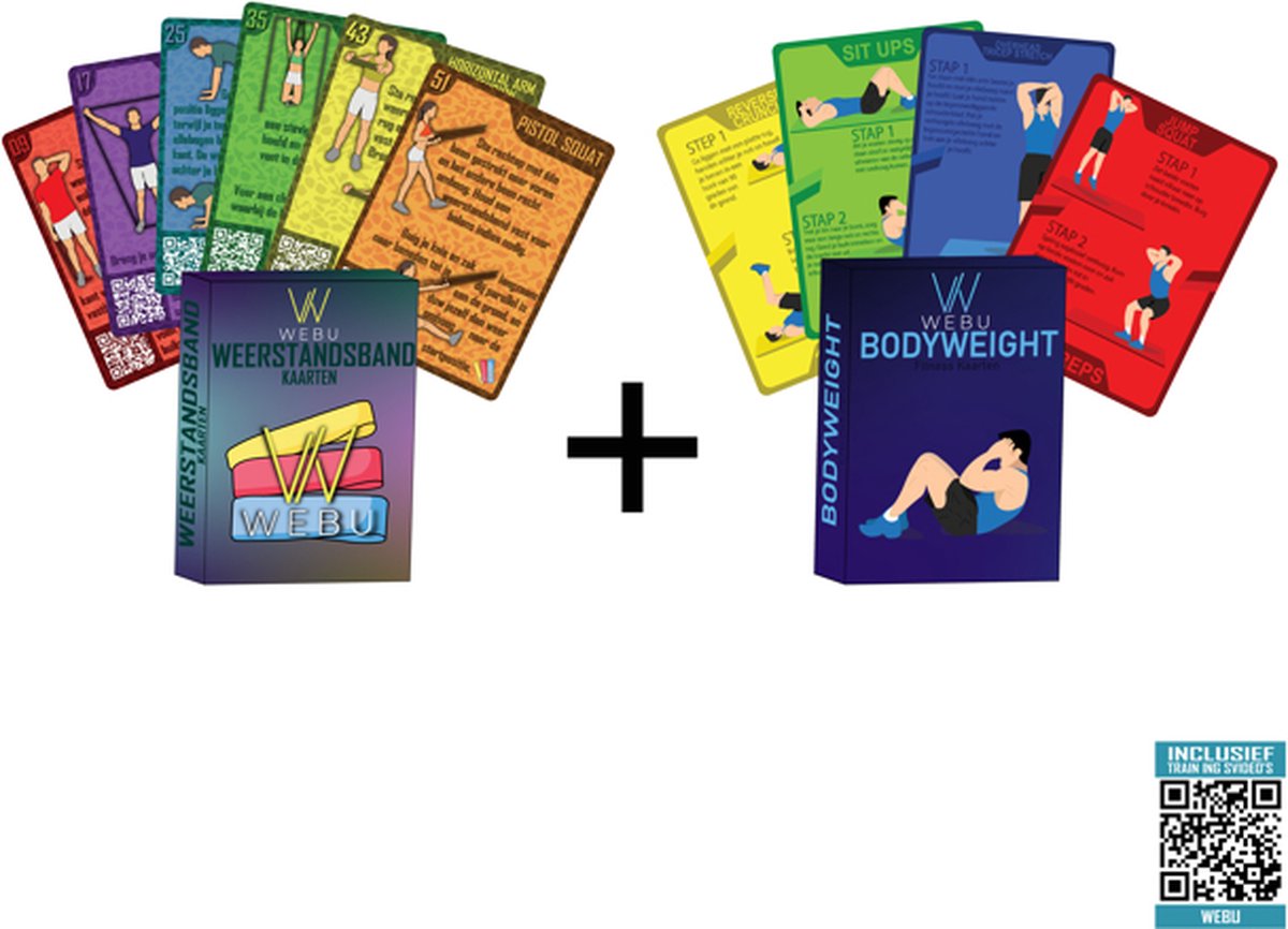 WEBU 51 Bodyweight Kaarten + 51 Weerstandsband Workout Kaarten | Incl. Gratis Trainingsvideo’s - Fitness - Crossfit - Krachttraining - Thuis Sporten - Weerstandsband - Trainingskaarten