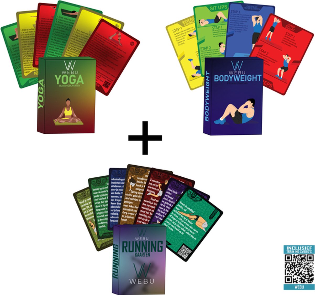 WEBU 51 Yoga Trainingskaarten + 51 Bodyweight Workout Kaarten + 51 Running Trainingskaarten - Incl. Professionele Video’s - Fitness - Yoga - Crossfit - Mat - Pilates - Thuis Sporten