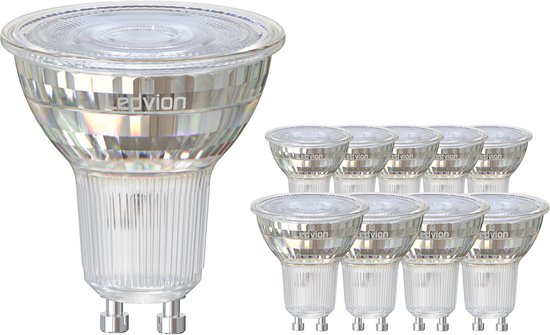 Spot LED GU10 en verre, 3W et 345 lumens, avec neuf autres lampes en arrière-plan.