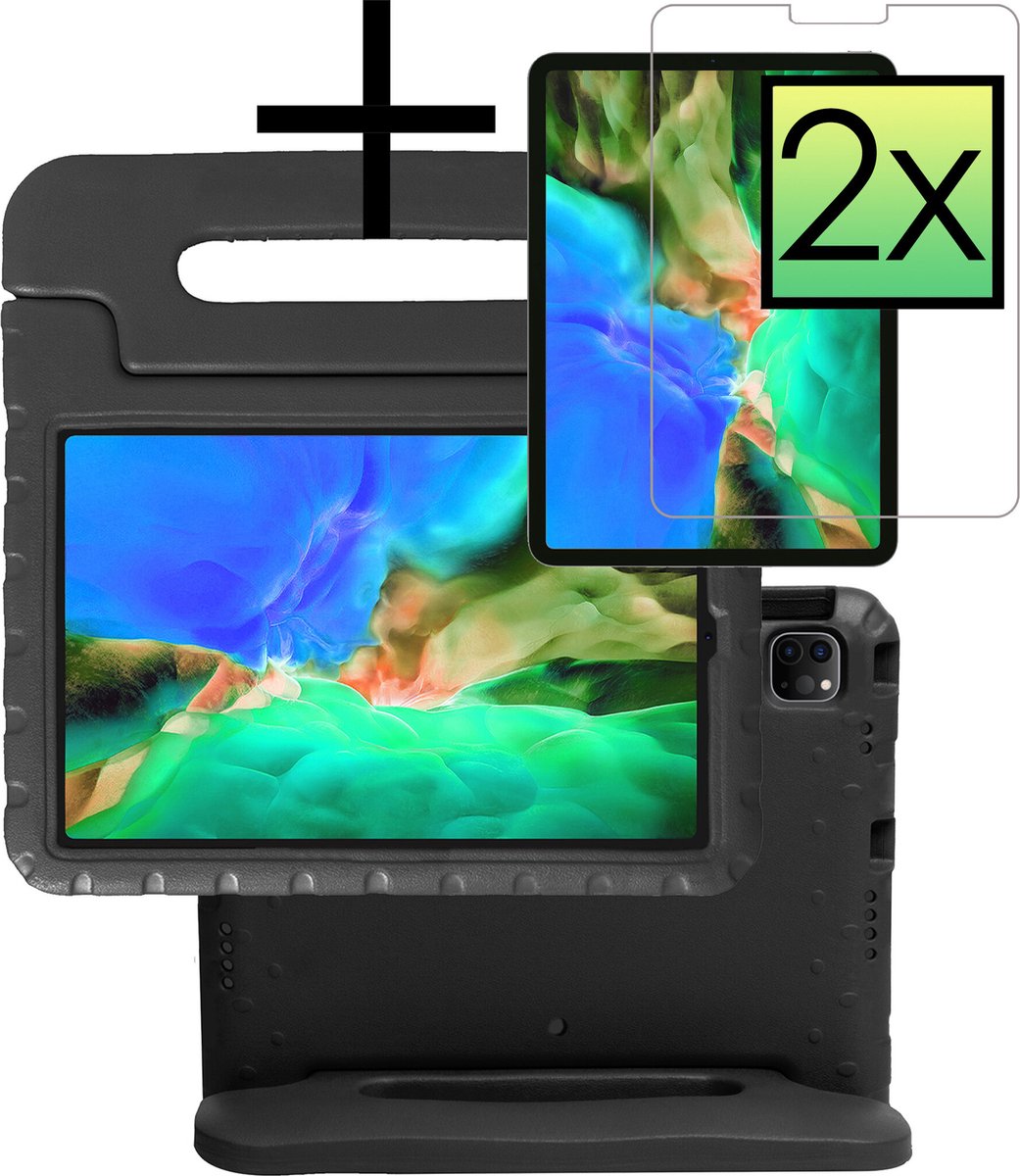 Hoes - Geschikt voor Apple iPad Pro (2022) - 11 inch - 4e generatie - Met 2x Screenprotector - Kinderhoes Shockproof Bumper - Kidsproof Case - Tablet Hoesje - Kinder Cover - Zwart