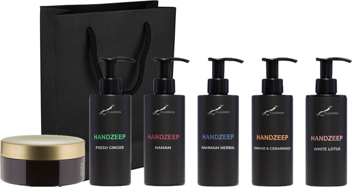 Goedkoopste Handzeep Set - Fresh Ginger Hamam Hammam Herbal Orange & Cedarwood White Lotus en Scrubzout 300 gram - Claudius Cosmetics - bodycare - met luxe gift tas - set van 6 stuks - Kerst Cadeau - giftset voor hem en haar