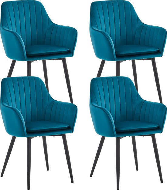 Colenis® - Chaise de salle à manger Lavinia - Set de 4 - Petrol - Velours - Industriel - Avec accoudoirs - Chaise