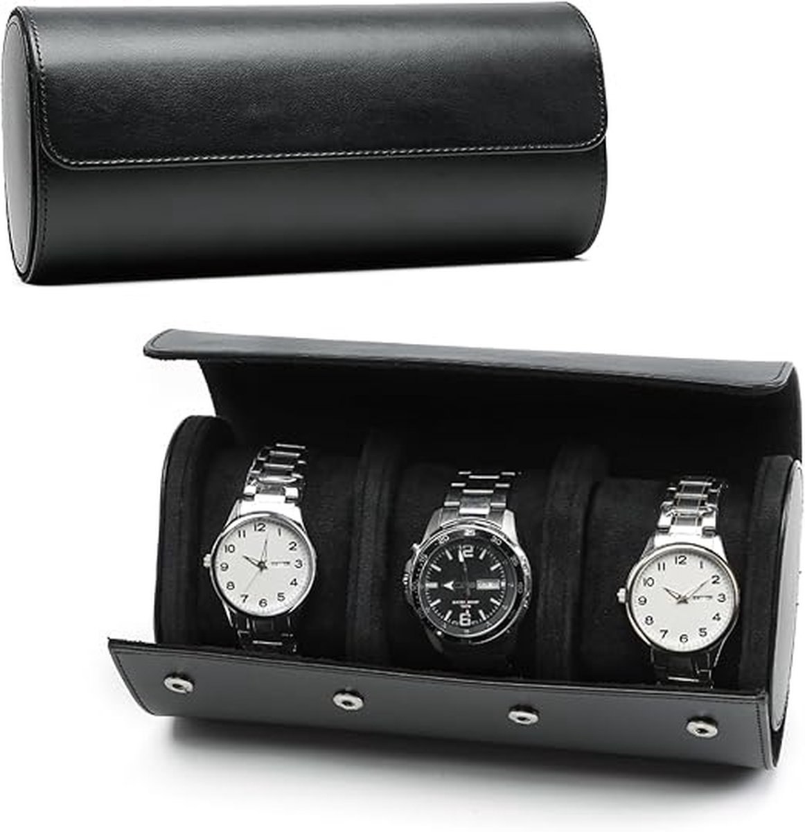 Luxe opbergdoos van kunstleer voor 3 horloges, zwart, organizer en display voor mannen en vrouwen, cadeau voor Kerstmis, verjaardag