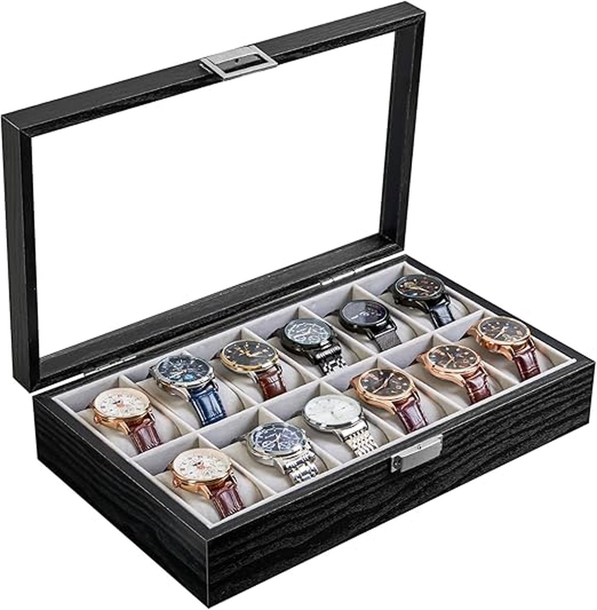 Horlogekast van hout, opslag van 12 horloges, met vitrine van schokbestendig glas, zwart