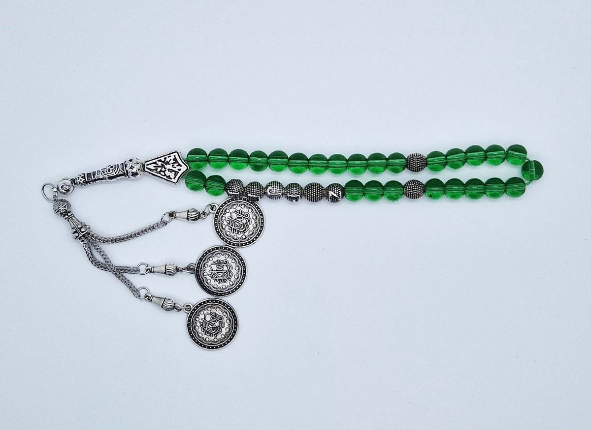 Handgemaakte naam tasbih 33 Kralen Natuursteen “Groene kwartz” - met metaal tassel “Masha' allah"- Met je naam of de naam van uw geliefde- 8 mm diameter van de korrel