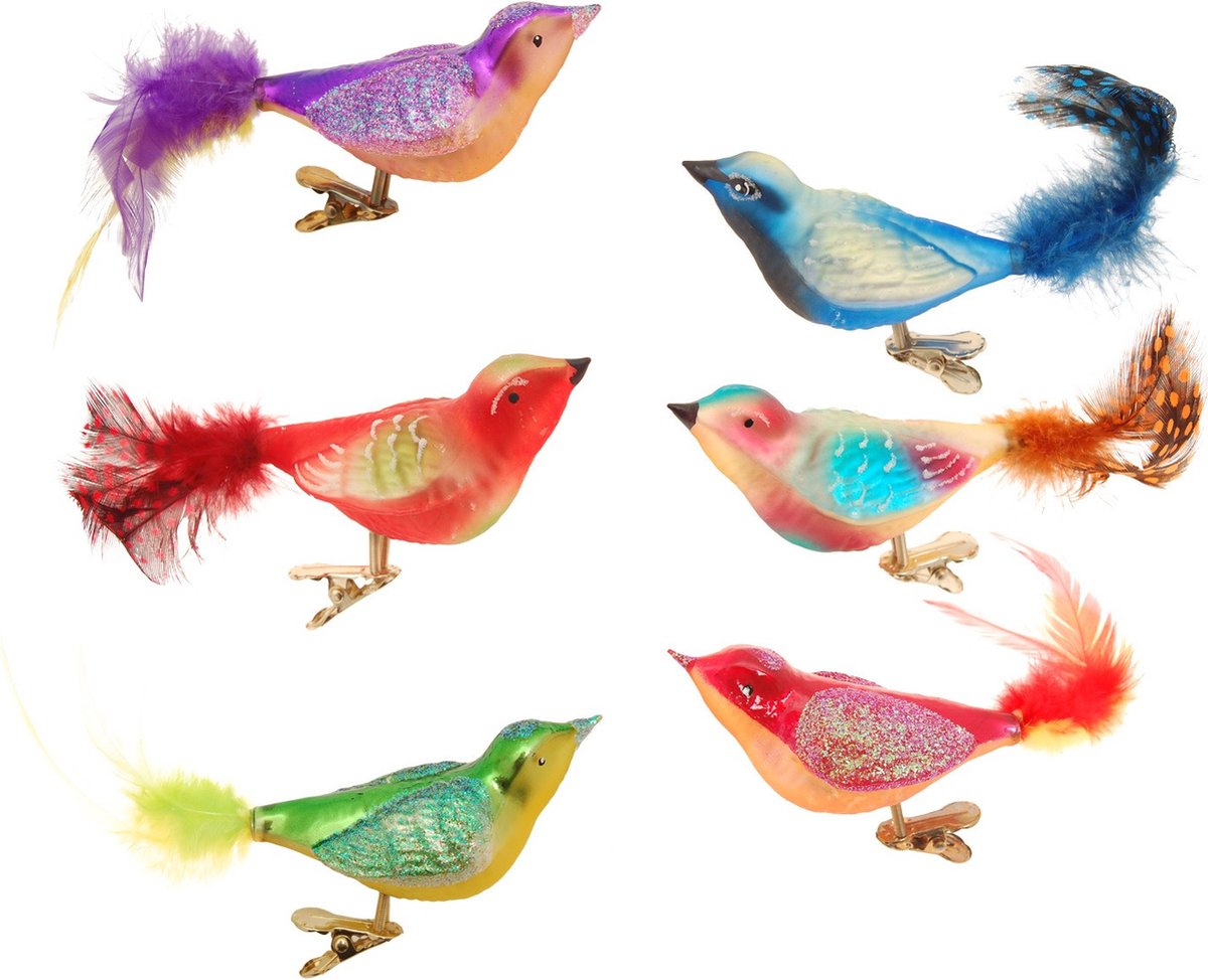 Krebs kerstboomversiering vogels op clip - 12x st - gekleurd - glas - 11 cm