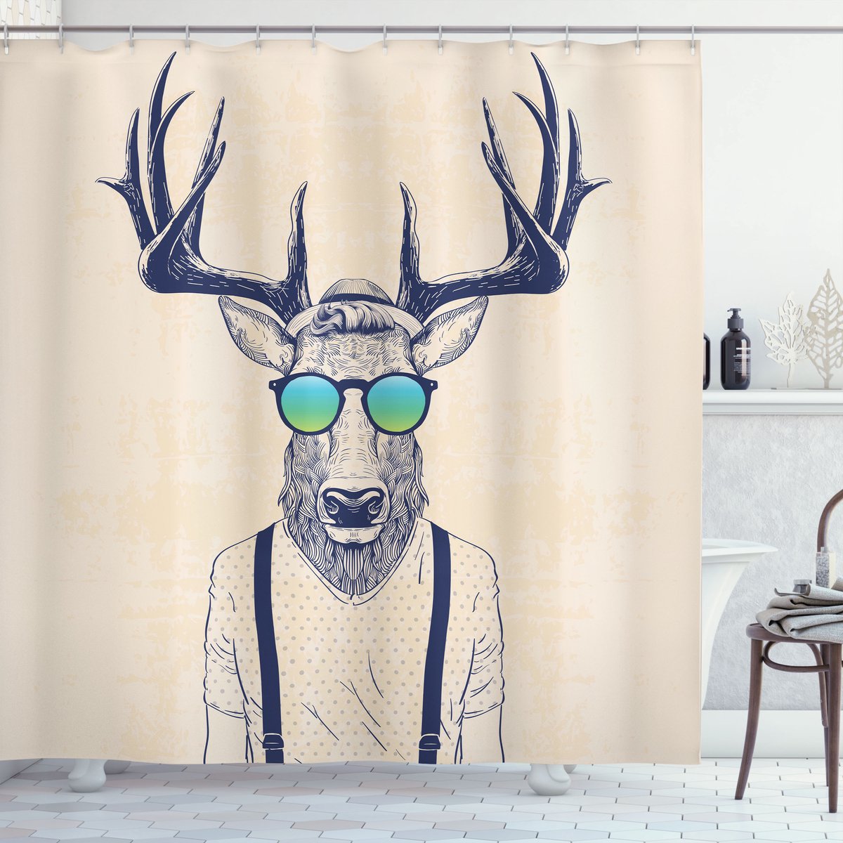 New Bed, Hipster Rendier met Bril Douchegordijn Anti Schimmel, Shower Curtain Badkamer Decor Set met Haakjes, 180x200 cm