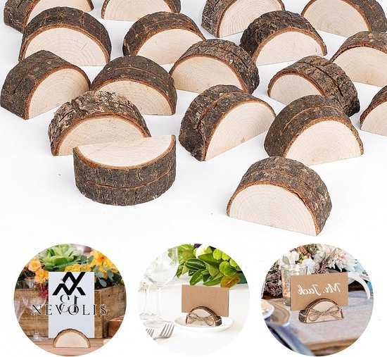 Nevolis Houten Plaats Kaarthouders - Kit met 20 kaarthouders van echt hout en 20 kraftpapieren kaarten + 50m jute touw - Halve cirkel vorm voor Bruiloften Kerstmis Verjaardagen .
